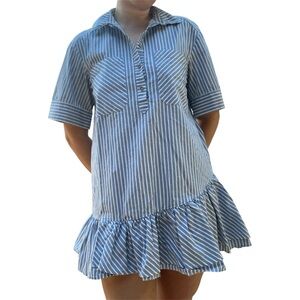 Zara Blue and White Striped Cotton Dress with Ruffled Hem and Short Sleeves